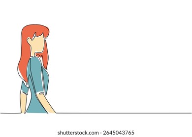 Uma linha contínua desenhando a mulher com cabelo vermelho. Posando como um modelo na capa de uma revista famosa. Beleza como nenhuma outra. Perfeição. Dia Mundial da Ruiva. Ilustração de vetor de design de desenho de linha única