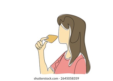 Uma linha contínua desenhando uma mulher comendo biscoitos. Um café da manhã rápido e sólido. Acabe com a fome com alguns biscoitos. Doce. Lanche. Dia Nacional do Biscoito. Ilustração de vetor de design de desenho de linha única