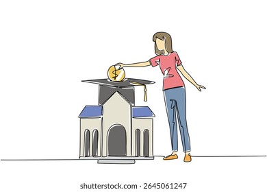 Uma linha contínua desenhando uma mulher coloca moedas em um boné de graduação e o edifício do campus abaixo. Honorários da faculdade. Educação financeira. Dia da Economia Universitária. Ilustração de vetor de design de desenho de linha única