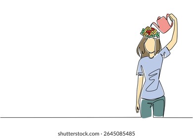 Continuous one line drawing a woman watering flowering plants above head. Symbolism clears the mind. Come with good thoughts. National Water a Flower Day. Single line draw design vector illustration