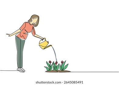 Continuous one line drawing a woman stands watering flowering plants with watering can. Hobby of caring for plants is a joy. National Water a Flower Day. Single line draw design vector illustration