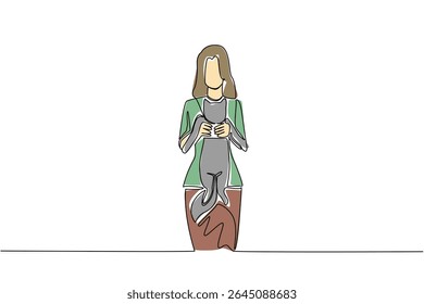 Continuous one line drawing a woman is holding a cat. Carrying. Pet. Hugged with excitement. Weekend fun with beloved pets. International Hug Your Cat Day. Single line draw design vector illustration