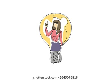 Continuous one line drawing a woman in casual clothes with gestures got an idea in a lightbulb. Have a brilliant and genius idea. National Creativity Day. Single line draw design vector illustration