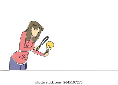 Continuous one line drawing a woman holds lightbulb and examines it with a magnifying glass. Researching. Searching. Power of mind. National Creativity Day. Single line draw design vector illustration