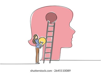 Continuous one line drawing a woman carrying lightbulb wants to climb ladder attached to big head silhouette. Improve way of think. National Creativity Day. Single line draw design vector illustration