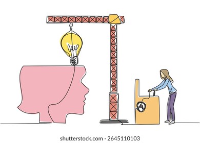 Continuous one line drawing a woman controls crane inserts lightbulb into big open silhouette of a head. Memory reconstruction. National Creativity Day. Single line draw design vector illustration