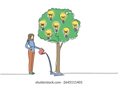 Continuous one line drawing a woman watering a leafy tree that bears light bulbs. Maintain positive thoughts. Fighting pessimism. National Creativity Day. Single line draw design vector illustration