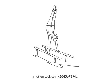 Continuous one line drawing woman athlete doing handstand on parallel bars in professional gym. Beauty sportswoman perform stunt in sports clothes. Single line draw design vector graphic illustration