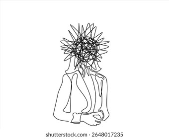 Continuous one line drawing of a woman with confused feelings worried about bad mental health. Problems, stress, sad and depression concept in doodle style. Hand drawn one line vector. Editable stroke
