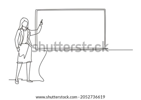 Continuous one line drawing woman teacher professor standing in front of blackboard teaching student in classroom. College class or university teacher teach in classroom. Single line design vector