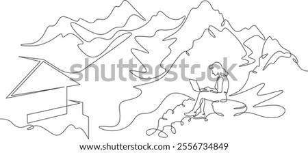Continuous one line drawing  woman sitting with laptop near house. House against beautiful mountain landscape.Teenager with computer in nature. One continuous line isolated minimal illustration.Not AI
