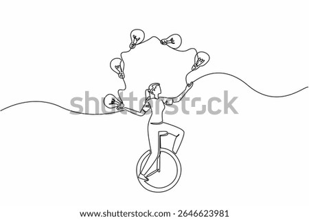 Continuous one line drawing a woman in casual clothes riding unicycle and juggling 5 light bulbs. Sharpen brain by playing balance. National Creativity Day. Single line draw design vector illustration