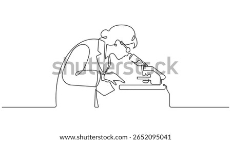 Continuous One Line Drawing of Woman Looking at Microscope. Woman Chemist One Line Illustration. Female Laboratory Assistant Line Abstract Portrait. Minimalist Contour Drawing. Vector. Not AI
