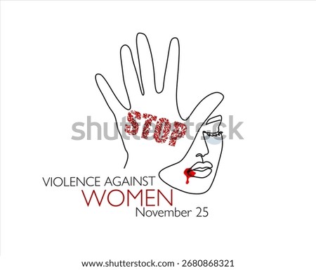 Continuous one line drawing of woman show stop gesture protest violence against. Concept of sexual harassment against women and rape in home. Hand drawn one line vector. Editable stroke.
