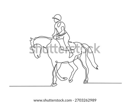 Continuous one line drawing of woman jockey riding horse . Equestrian Rider single line art illustration. Editable vector.  