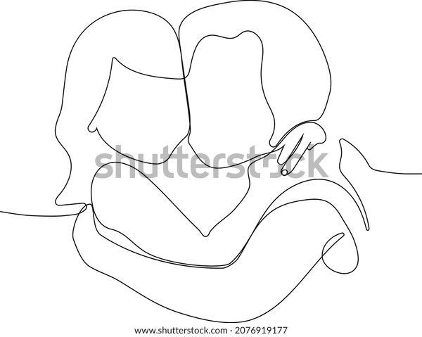 Continuous one line drawing of a woman hugs a\
little girl who can beat her daughter or granddaughter. Love and\
care. Female family