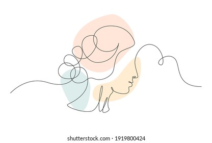 Continuous one line drawing of a woman's face. Horizontal Elegant minimalistic portrait of female with abstract pastel shape for a logo, emblem or web banner. Vector illustration