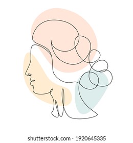Continuous one line drawing of a woman's face. Elegant minimalist portrait of Aphrodite with abstract pastel shape for a logo, emblem or web banner. Vector illustration