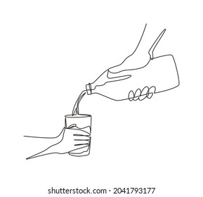 Continuous one line drawing woman's hand pours fresh milk from glass bottle into glass. The concept of healthy dairy products with calcium. Morning routine. Single line draw design vector illustration