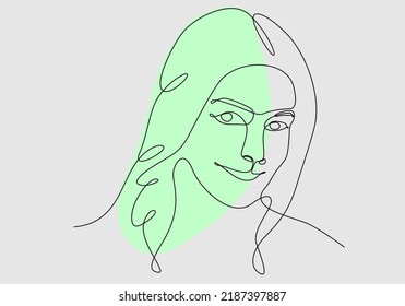 Dibujo continuo de una línea de la cara de una mujer. Retrato horizontal elegante minimalista de hembra con forma pastel abstracta para un logotipo, emblema o banner web. Ilustración del vector