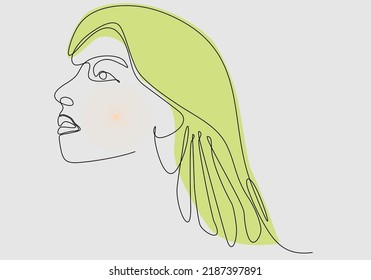 Continuous one line drawing of a woman's face. Horizontal Elegant minimalistic portrait of female with abstract pastel shape for a logo, emblem or web banner. Vector illustration