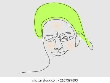 Continuous one line drawing of a woman's face. Horizontal Elegant minimalistic portrait of female with abstract pastel shape for a logo, emblem or web banner. Vector illustration