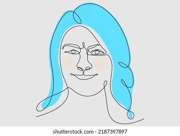 Continuous one line drawing of a woman's face. Horizontal Elegant minimalistic portrait of female with abstract pastel shape for a logo, emblem or web banner. Vector illustration