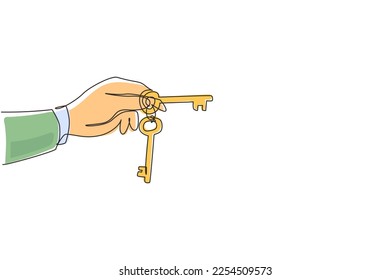 Continuous one line drawing woman's hand and old keys  Retro style unlock sign   icon  Vintage engraving stylized drawing  Key takeaways design  Single line draw design vector graphic illustration