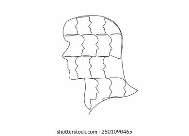 Continuous one line drawing woman's head, in there are many small heads. Inconvenience of having more than two personalities. Multiple Personality Day. Single line draw design vector illustration