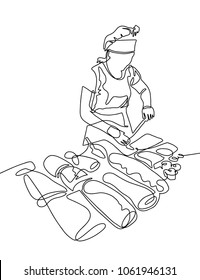 continuous one line drawing of women cook in a pastry shop cuts flour products in modern minimalistic style, vector illustration