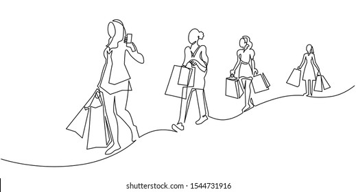 Continuous one line drawing women with shopping bags in their hands. Fashion girls on New Year's sale walking down the street. Female friend shoppers vector clip art isolated on white background