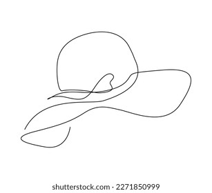 Continuous one line drawing of women sun hat . Simple female summer hat  line art vector illustration.  