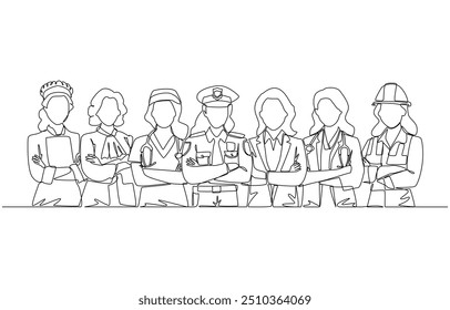 Continuous one line drawing of women from various professions standing in row with crossing arms on chest, woman empowerment, international women's day concept, single line art.