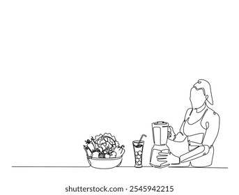 Continuous one line drawing of women making healthy juice with blender or juicer. Editable vector. 

