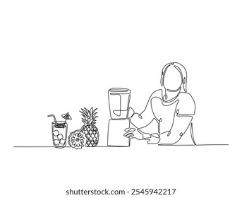Um desenho contínuo de uma linha de mulheres fazendo suco saudável com liquidificador ou espremedor. Vetor editável. 
