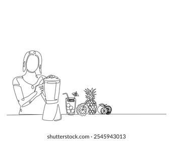 Continuous one line drawing of women making healthy juice with blender or juicer. Editable vector. 
