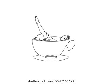 Continuous one line drawing of women taking bath in a coffee cup. Beautiful lady enjoying bathing as drinking caffeine beverage metaphor. Editable vector. 
