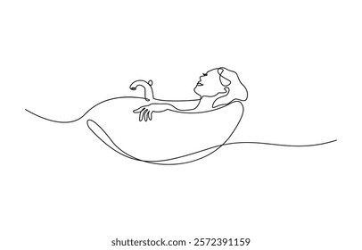 Continuous one line drawing of women taking bath, Beautiful lady enjoying bathing as drinking caffeine beverage metaphor. Concept of beauty treatments, self care, sensory deprivation.