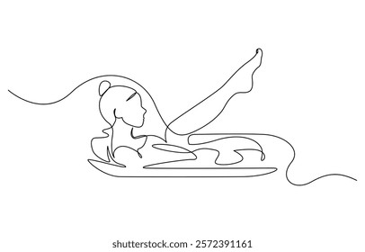 Continuous one line drawing of women taking bath, Beautiful lady enjoying bathing as drinking caffeine beverage metaphor. Concept of beauty treatments, self care, sensory deprivation.