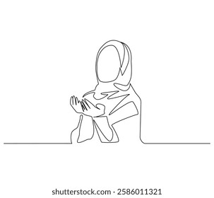 Continuous one line drawing of women muslim prayer. Single line drawing illustration of women praying for greeting card. Ramadan kareem concept vector art. Doodle line illustration.

