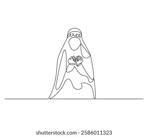 Continuous one line drawing of women muslim prayer. Single line drawing illustration of women praying for greeting card. Ramadan kareem concept vector art. Doodle line illustration.

