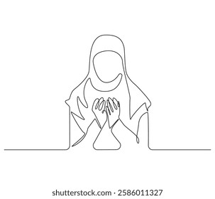 Continuous one line drawing of women muslim prayer. Single line drawing illustration of women praying for greeting card. Ramadan kareem concept vector art. Doodle line illustration.

