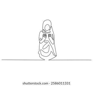 Continuous one line drawing of women muslim prayer. Single line drawing illustration of women praying for greeting card. Ramadan kareem concept vector art. Doodle line illustration.

