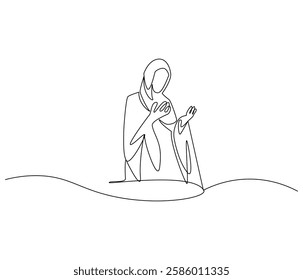 Continuous one line drawing of women muslim prayer. Single line drawing illustration of women praying for greeting card. Ramadan kareem concept vector art. Doodle line illustration.

