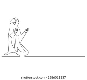 Continuous one line drawing of women muslim prayer. Single line drawing illustration of women praying for greeting card. Ramadan kareem concept vector art. Doodle line illustration.

