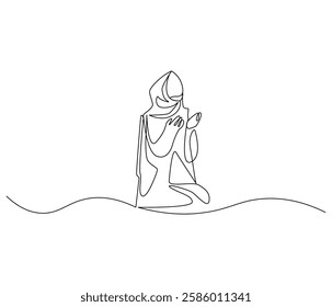 Continuous one line drawing of women muslim prayer. Single line drawing illustration of women praying for greeting card. Ramadan kareem concept vector art. Doodle line illustration.

