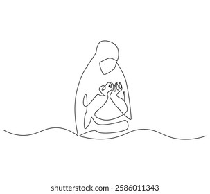 Continuous one line drawing of women muslim prayer. Single line drawing illustration of women praying for greeting card. Ramadan kareem concept vector art. Doodle line illustration.

