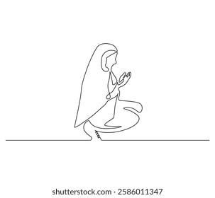 Continuous one line drawing of women muslim prayer. Single line drawing illustration of women praying for greeting card. Ramadan kareem concept vector art. Doodle line illustration.

