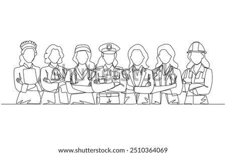 Continuous one line drawing of women from various professions standing in row with crossing arms on chest, woman empowerment, international women's day concept, single line art.