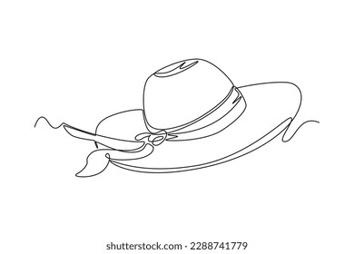 Continuous one line drawing women's beach hat. Summer beach concept. Single line draw design vector graphic illustration.